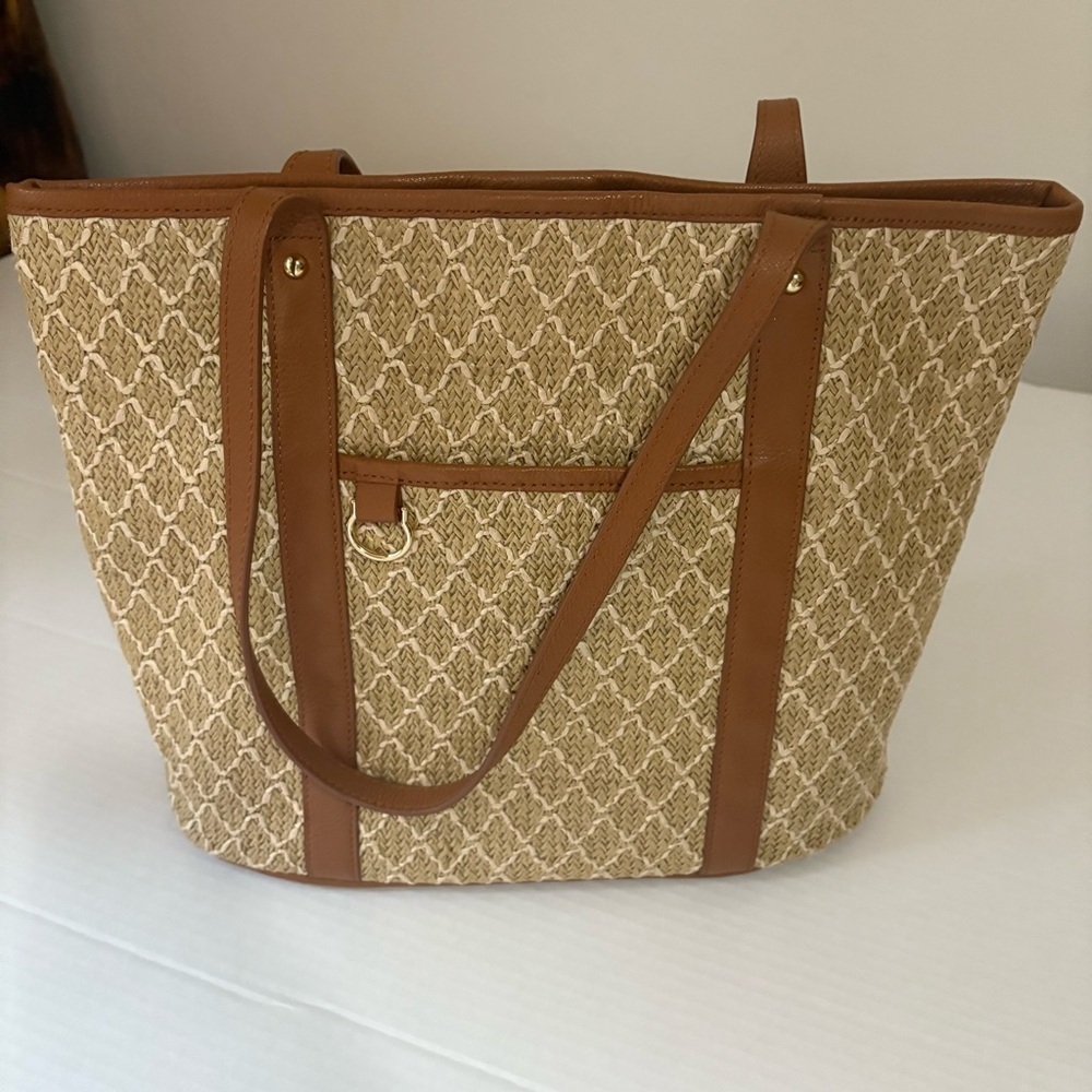 TALBOTS Tan Grass and Leather Trim Tote Bag